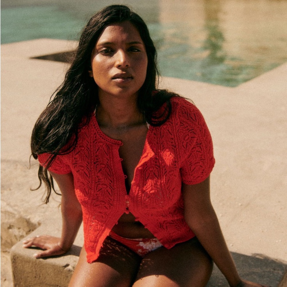 Sezane Short Sleeve Red Knit Cardigan - Picture 3 of 4